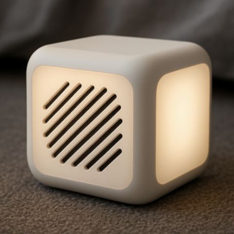 Dozed prototype: a white cube-shaped sleep light glowing warm